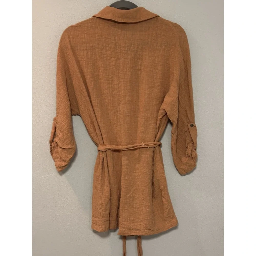 VICI Button-Up Tunic Top Women's Large Rust Orange Roll Tab Sleeves 100% Cotton